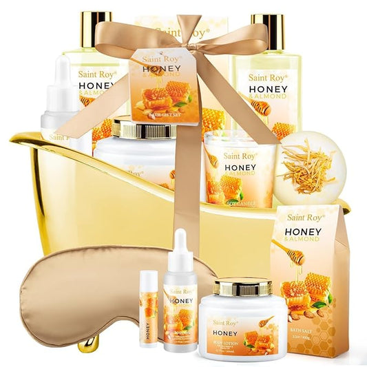 Christmas Gifts for Women Bath & Body Gift Set, Luxury Home Spa Bath Gift Basket, Honey Almond Scented Bath Set, Pamper Gifts Birthday gifts & Teens, Spa Kit Gift, Home Spa Gifts for Men Dad