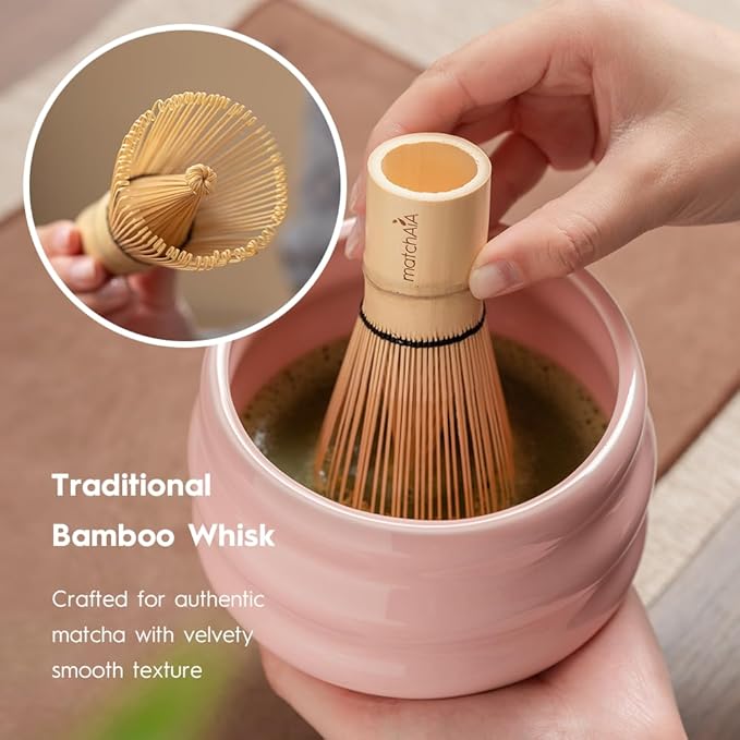 Matcha Whisk Set - Ceramic Bowl, Bamboo Whisk with Holder, Storage Canister, Sifter, Schima Spoon with Rest, Tea Towel - 8 Pcs Complete Kit for Traditional Matcha and Modern Lattes (Pink)