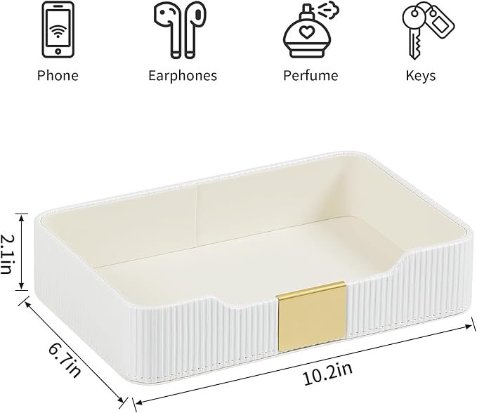 Valet Tray Desktop Storage Organizer, PU Leather Catchall Bedside Vanity Tray with Brass Accents Block Nightstand Organizer for Keys Watch Wallet Phone, Decorative Nightstand Storage (White)