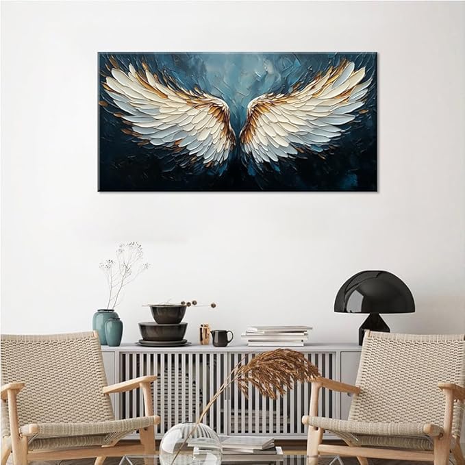 ZESTRILIA Angel Wings Wall Art Blue Oil Painting Reproduction Print Modern Abstract Canvas Paintings Waterproof Artwork Picture for Living Room Bedroom Home Office Kitchen Décor (28x58inch)