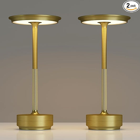 2 Pack Rechargeable Cordless Table Lamps, Portable 5000mAh Battery Table Light, 3 Color Stepless Dimming LED Table Light with Memory Function, for Outdoor/Dinner/Patio/Restaurant.(Gold)