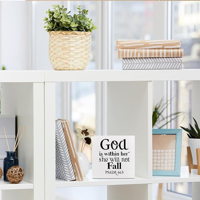 God is Within Her She Will Not Fall, Christian Gifts Wooden Box Sign, Christian Bible Verse Religious Decor Rustic Farmhouse Home Office Table Decorations Wood Block Plaque