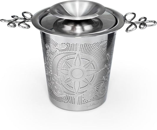 Stainless Steel Tea Infuser Basket - Engraved Floral Strainer with Crystal Chain, Fine Mesh Filter for Loose Leaf Tea, Ergonomic Handle & Gift Box