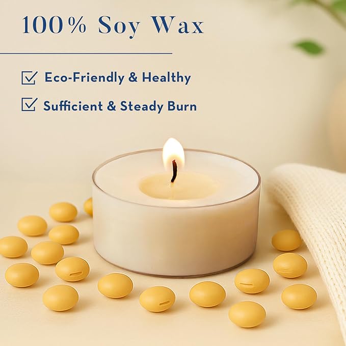Crenovo Tea Lights Candles 50 Pack, Natural Soy Wax Tealights Candles Bulk 6 Hours Non-Toxic, Long Burning, Unscented Small Votive Cup Candles for Wedding, Party, Dinner, Emergency
