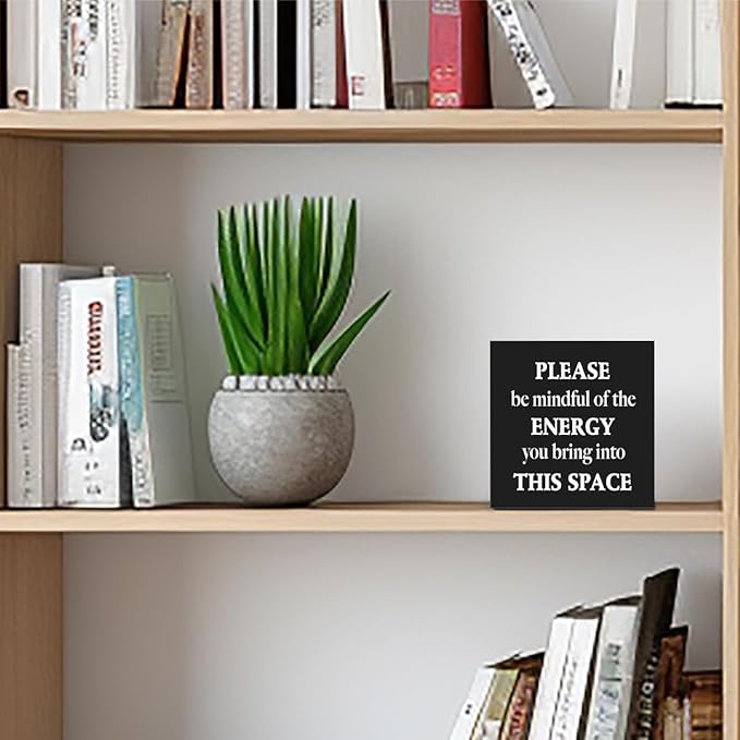 Motivational Gifts Wooden Box Sign, Inspirational Quotes decorations Please Be Mindful of the Energy You Bring into This Space Rustic Farmhouse Home Classroom Company Office Decor Wood Block Plaque