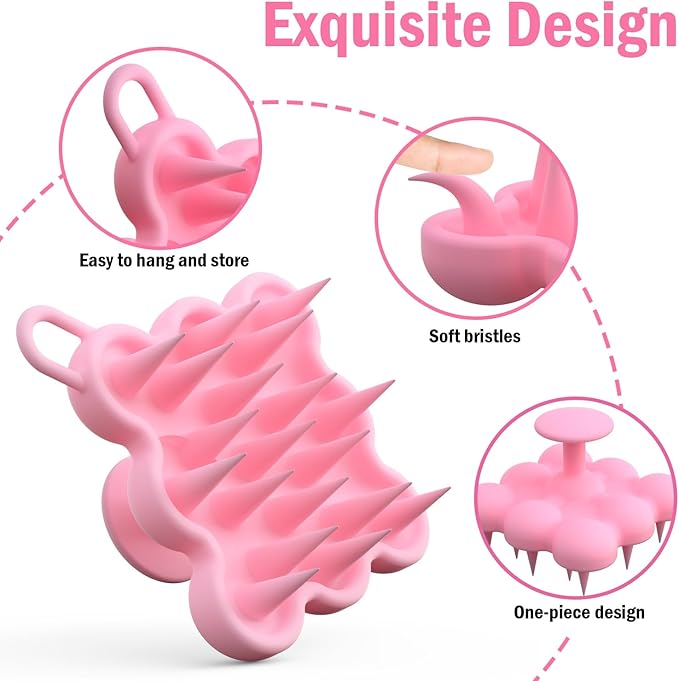 Silicone Scalp Massager Shampoo Brush for Hair Growth, Dandruff Removal & Wet/Dry Care, Hair Scrubber Scalp Stimulator Exfoliator Brush with Soft Bristles for Men & Women, Pink