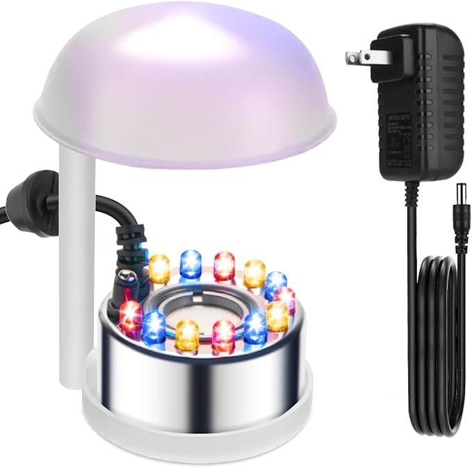 Halloween Mist Maker, Water Fountain Pond Mini Fog Machine Atomizer Air Humidifier, Ultrasonic Mist Maker Fogger Indoor Fountain, Mister Fogger with 12 LED Light and Waterproof Splash Guard