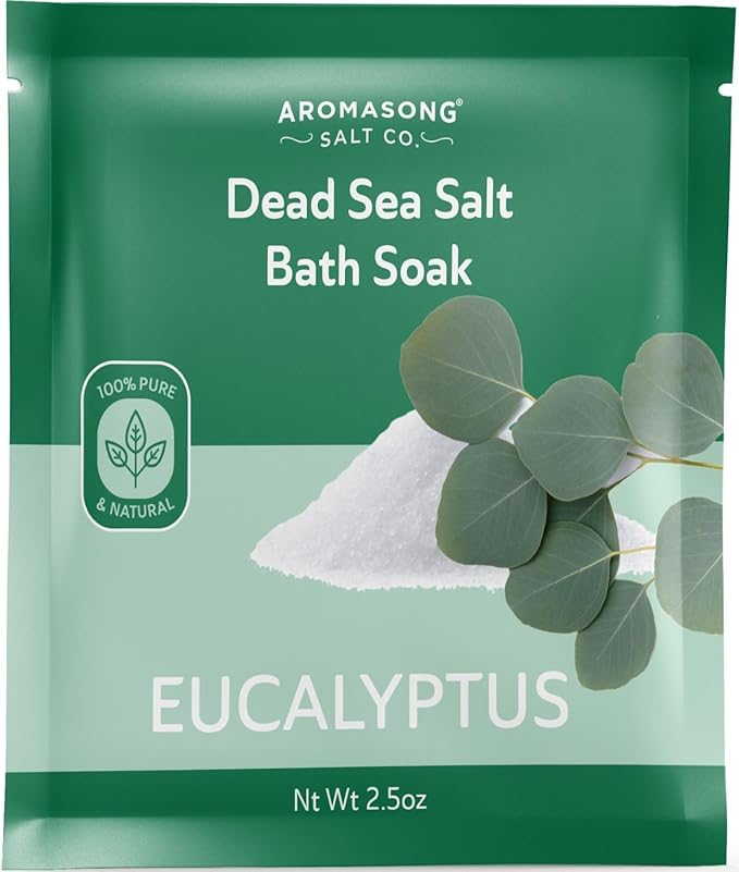 Aromasong Pure Dead Sea Salt 100% Natural Eucalyptus Essential Oil – 2.5 oz. Spa Bath Salt Fine Grain- Christmas Stocking Stuffers for Adults, Kids, Women, and Mens soak Stocking Stuffers for Adults