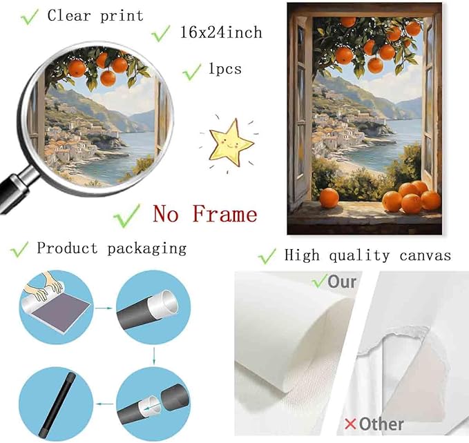 Mediterranean Coastal Wall Art Coastal Landscape Prints Vintage Citrus Wall Art Open Window Poster Still Life Fruit Painting Farmhouse Country Pictures Fruit Living Room Decor 16x24inch No Frame