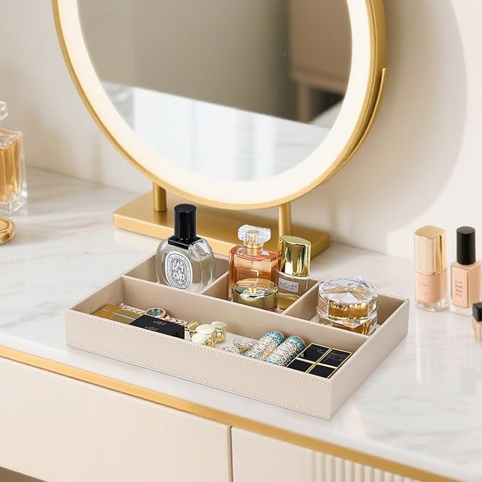 GORESE PU Leather Valet Tray, Stackable Jewelry Trays for Dresser, Drawer Nightstand Organizer Bedside Trays for Men Women, Entryway Desk Catchall Tray for Trinket, Key, Purse, Watch, Cologne, Beige