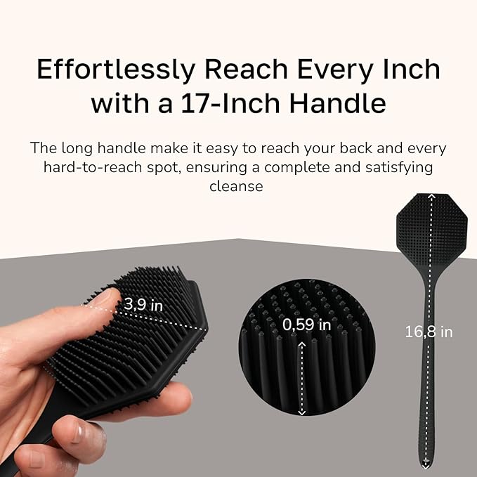 Silicone Back Scrubber with Long Handle - Octagon Body Brush for Shower, Bath, and Exfoliating - Skin Cleansing, Back Scrub and Gentle Silicone Sponge - Wash Your Body with Easy Reach - Black