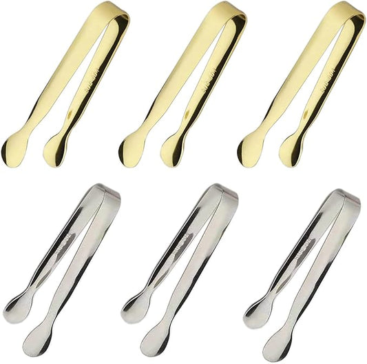 6PCS Ice Tongs Mini Sugar Tongs 4.25Inch Tong for Serving Food Small Serving Tong, Kitchen Tong for Appetizers,Tea Party, Coffee Bar, Desserts by Sunenlyst (Silver and Gold)