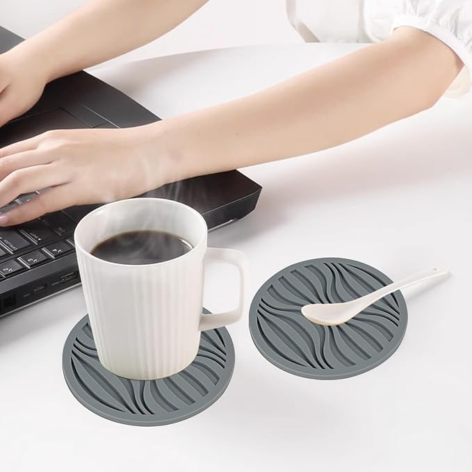 Silicone Coaster Set of 6 Pieces with Silicone Cup Holder,Drinking Coasters, Cup Mat for Drinks,Live for Hot or Cold Drink Thickened, Non-Slip, Non-Stick, Deep Tray Black (Grey)