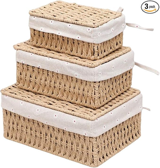 Small Wicker Basket with Lid Paper Rope Storage Baskets for Shelves Set of 3 Tampon Holder with Lid and Removable Liner for Bathroom Makeup Closet Drawer Desk Organizer (Khaki)