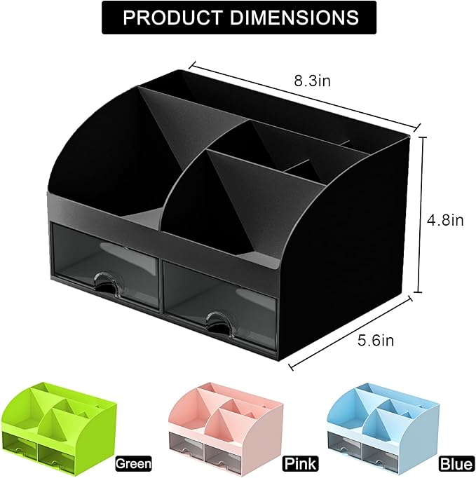 Desk Organizer with 6 Compartments and 2 Drawers, Plastic Makeup Organizer, Pen Holder for Desktop Storage, Desk Organization for School, Home, Office Supplies (Black)