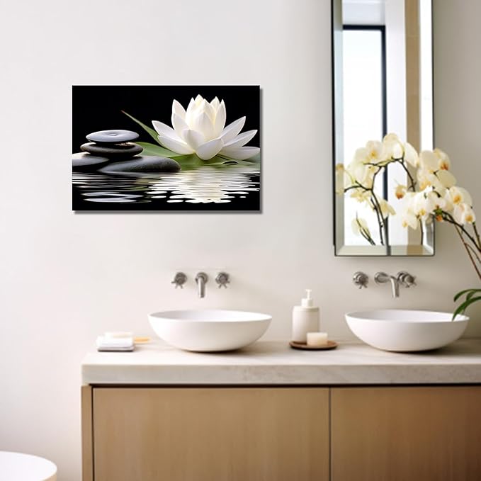 LZIMU Zen Canvas Wall Art White Lotus and Black Zen Stones Bloom in Water Picture Prints for Yoga Spa Meditation Spiritual Room Bathroom Decor (Zen-1, 28"x42")