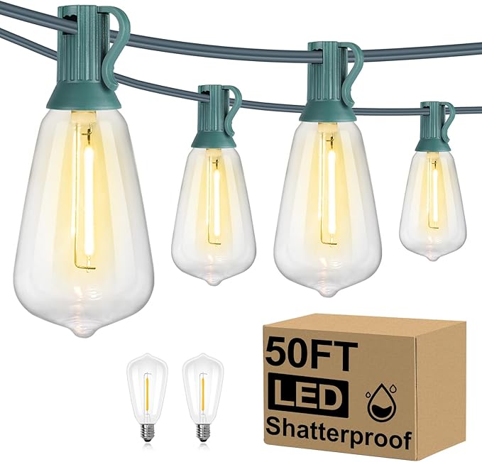 Brightever 50FT Outdoor String Lights Waterproof, 2700K Bright LED Patio Lights with 27 ST38 Shatterproof Vintage Bulbs, Retro Edison String Lights for Outside, Garden, Christmas Decor, Green Wire