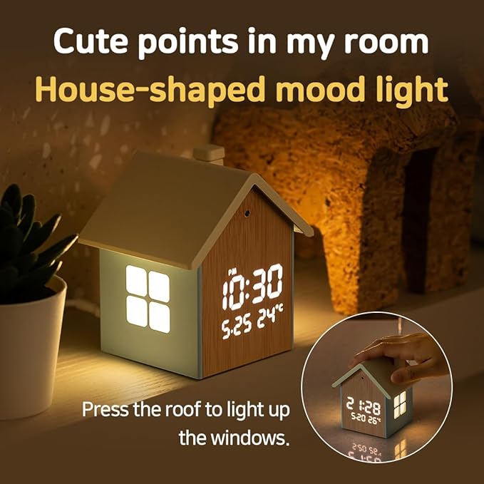 FLAITO Mood Home LED Table Clock – House-Shaped Night Light Alarm Clock with Auto-Dimming, Snooze, Date & Temperature Display – White & Maple Options, USB-C Cable Included (Maple)