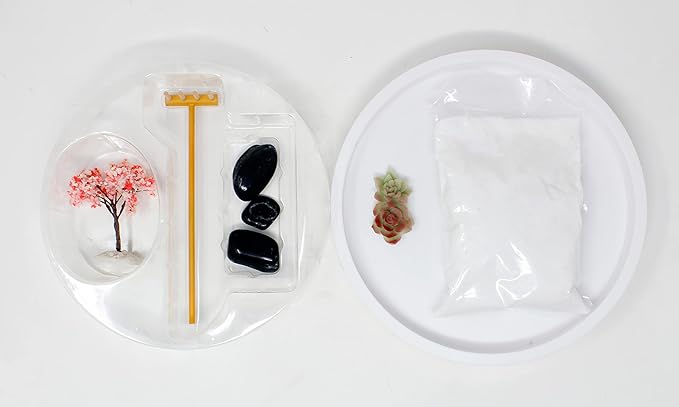 Nature's Mark Mini Zen Garden Kit for Desk with Rake, White Sand, Lotus Figures, White Round Base, Black River Rocks and Mini Blossom Tree (8Lx8W Round B)