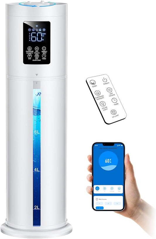 8L Smart Humidifier Large Room, Top Fill Humidifiers for Bedroom with Diffuser, 7 Color Lights, 16H Timer, Auto Mode, APP & Remote Control, 4 Levels Cool Mist Air Humidifier for Plants Home Office