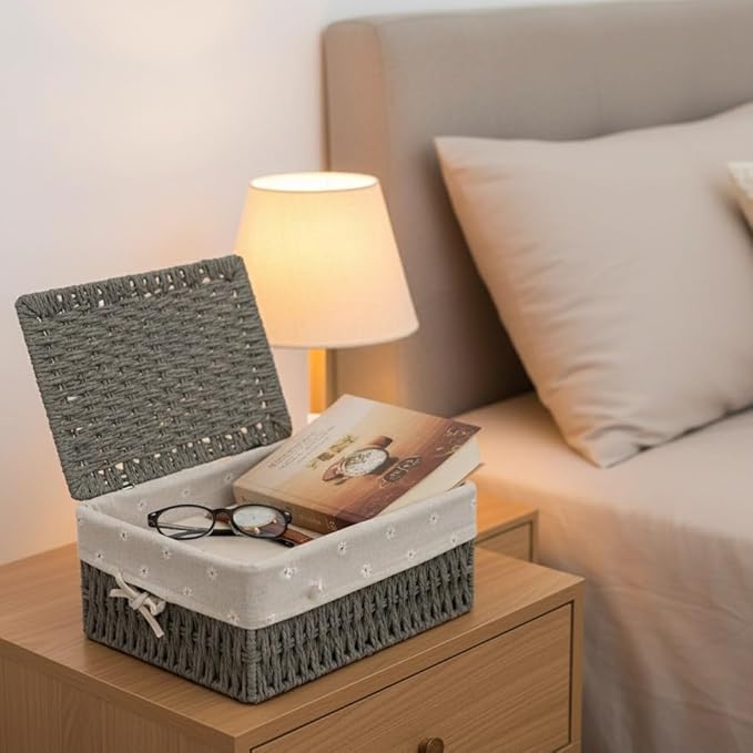 3PCS Wicker Basket with Lid Paper Rope Storage Baskets for Shelf Baskets Storage Bins with Lid and Removable Liner Makeup Bathroom Closet Drawer Desk Organizer Shelf Baskets (Grey)