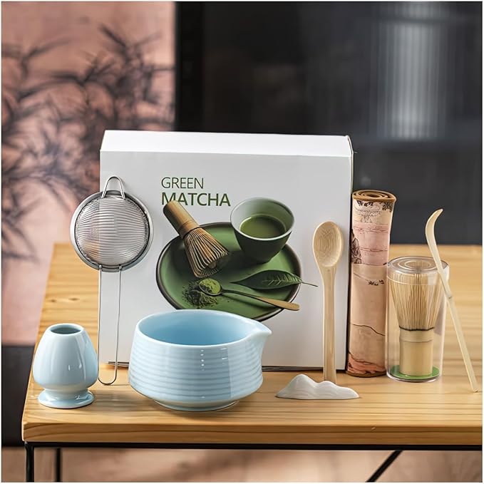 8 Pcs Matcha Whisk Set, Ceramic Matcha Whisk Holder, Ceramic Bowl with Spout, Matcha Ceremony Accessory, Home Kitchen Decor Tea Gifts for Birthdays, Halloween and Christmas (Black)