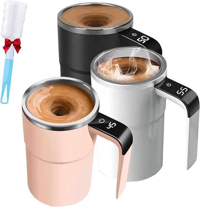 Electric Coffee Mug with a Built-in LCD Thermometer, Electric Self Stirring Coffee Mug Mixer for Desk, Automatic Magnetic Rechargeable Warmer, Travel Cup with Lid for Milk, Cocoa (3colors)