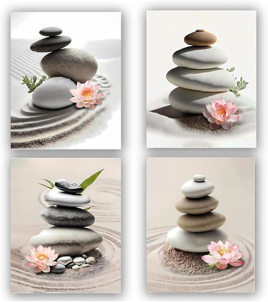 Zen Bathroom Decor Meditation Canvas Wall Art, Zen Spa Stones Canvas Wall Art, Zen Sand Posters Prints for Yoga Office Bathroom Bedroom,Set of 4 (Unframed 8 x 10 IN)