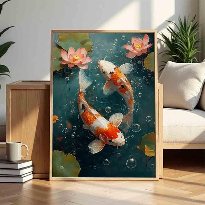 Koi Fish Wall Art Chinese Style Painting Pink Lotus Pond Wall Art Carp Picture Koi Fish Artwork Good Luck Painting Traditional Chinese Modern Aesthetic Picture Living Room Decor 16x24inch No Frame