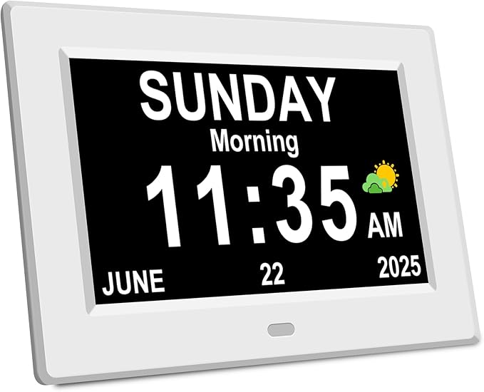 DIWAKREM 7'' Large Display Digital Clock for Seniors, Digital Calendar Alarm Clock for Elderly Clock with Date Day of Week 12 Alarms 4 Colors Desk Wall Clocks for Alzheimers Dementia Auto DST/Dimmer