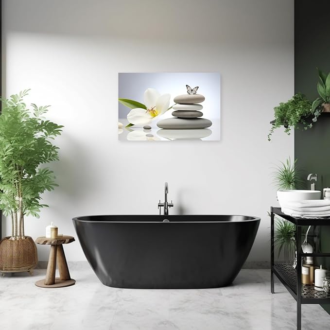 ARTZGX Zen Canvas Wall Art Spa Stones Picture Print Flower and Butterfly Painting Meditation Artwork Bathroom Yoga Decor Frame(Zen Flower - C 20.00" x 30.00")