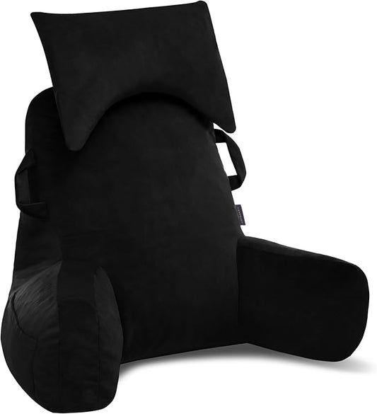 Portable Reading Pillows with Headrest for Bed Sitting Up(Black Oeko-Tex), Velvet Back Pillow with Arms & Pockets for Adults, Support Memory Foam Bed Pillow for Dorm/Reading/Watching/Gaming