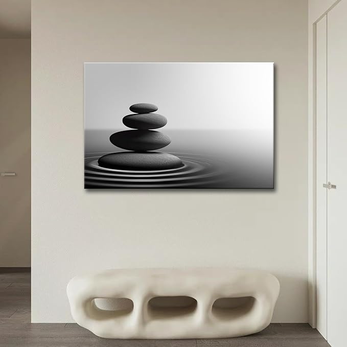 GLOKAKA Zen Stone Wall Art Black and White Yoga Spa Relaxing Meditation Canvas Print Artwork Stones in Water Picture for Bathroom Living Room Bedroom Wall Decorations