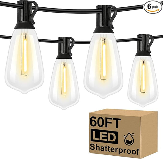 Brightever LED Outdoor String Lights 60FT with 32 Shatterproof ST38 Vintage Edison Bulbs, Outside Hanging Lights Waterproof for Patio, Porch, Deck, Garden, Backyard, Balcony, 2700K Dimmable