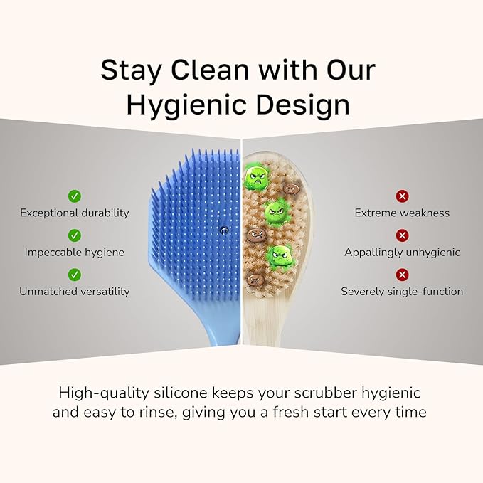 Silicone Back Scrubber with Long Handle - Octagon Body Brush for Shower, Bath, and Exfoliating - Skin Cleansing, Back Scrub and Gentle Silicone Sponge - Wash Your Body with Easy Reach - Blue