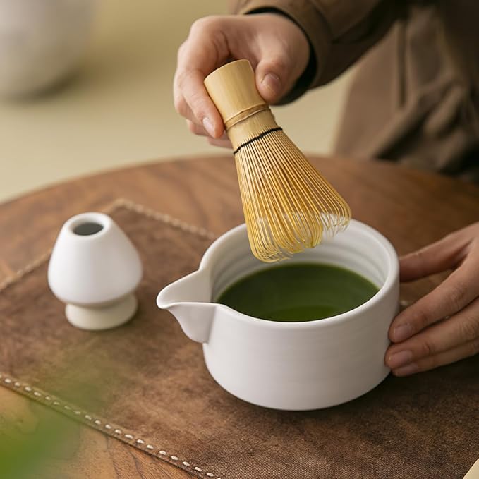 8 Pcs Matcha Whisk Set, Ceramic Matcha Whisk Holder, Ceramic Bowl with Spout, Matcha Ceremony Accessory, Home Kitchen Decor Tea Gifts for Birthdays, Halloween and Christmas (White)