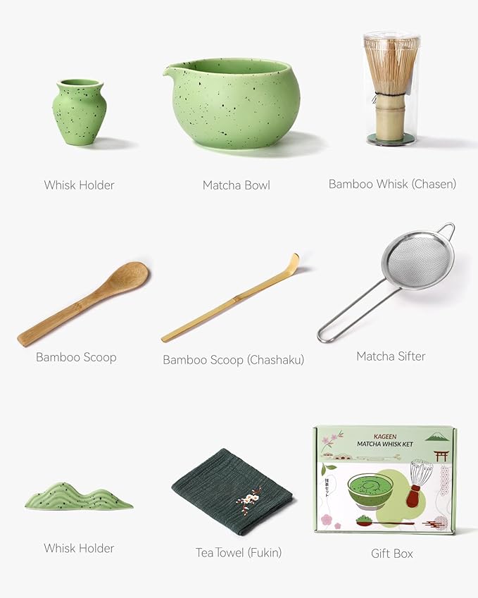 Matcha Whisk Set - 8 Piece Japanese Matcha Tea Set with Matcha Bowl with Spout, Bamboo Whisk, Scoop & Sifter | Matcha Kit for Making Smooth, Frothy Matcha at Home or as a Gift