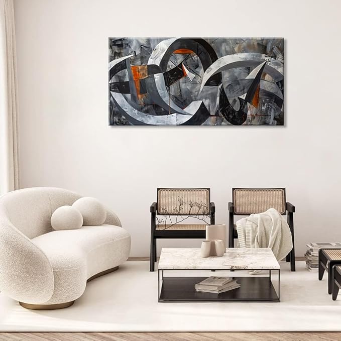 ZESTRILIA Abstract Black and White Wall Art for Living Room Office Gray Canvas Painting Prints Large Artwork Dining Bedroom Decor (40x20 Inches)