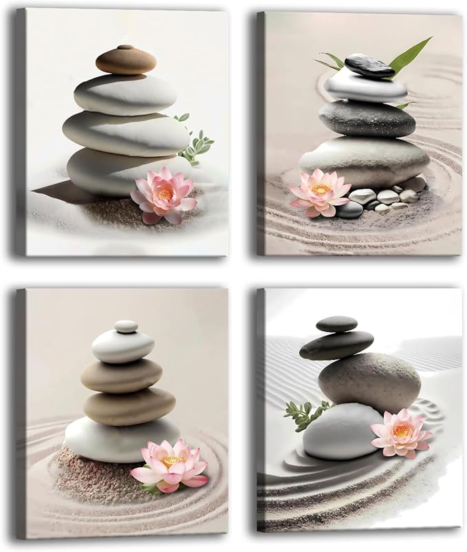 TANXM Framed Zen Bathroom Wall Art Set,Meditation Canvas Wall Art,Zen Sand Posters Prints for Yoga Office Bathroom Bedroom,Set of 4 (Framed 8 x 10 in)