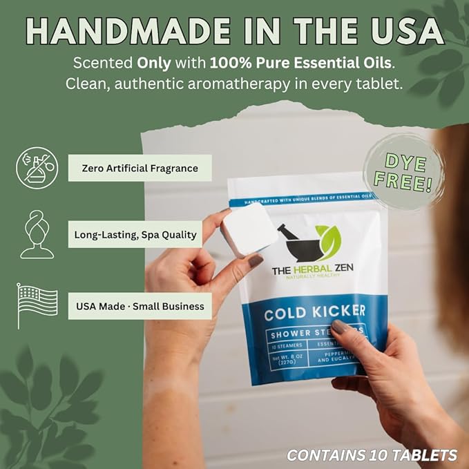 Cold Kicker Shower Steamers Aromatherapy for Sinus Relief - USA Made - Peppermint & Eucalyptus Shower Bomb Tablets – Self Care Gifts for Women and Men – Soothing Natural Essential Oils (10 Pack)