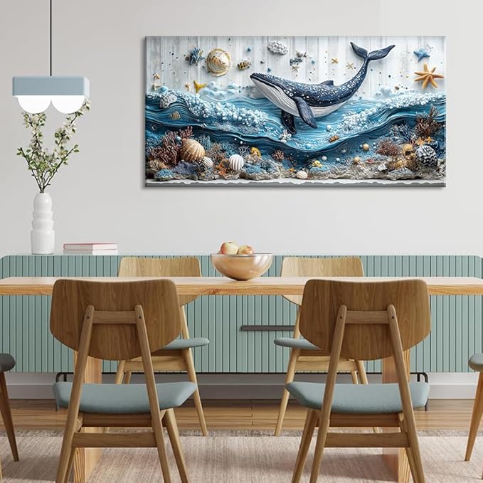 ZESTRILIA Ocean Whale Wall Art for Kids Room Navy Blue Marine Organism Underwater World under the Sea Canvas Painting Prints Artwork Family Living Bedroom Decor Large (46x23 Inches)
