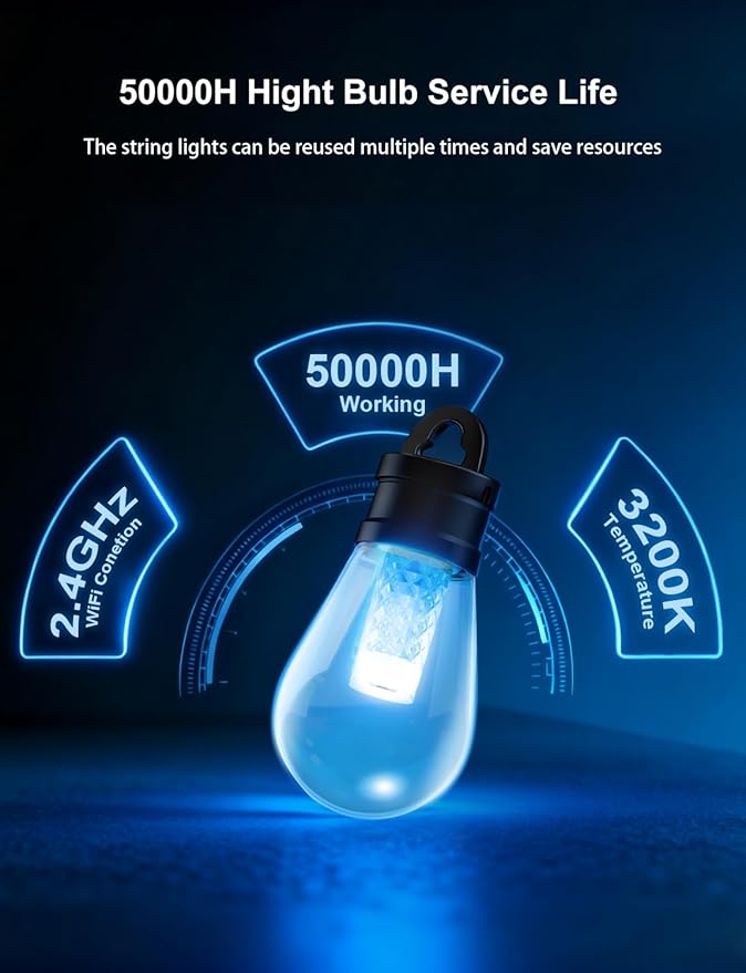 APPECK Smart Outdoor String Lights, 50ft RGBW Outdoor Patio Lights with 15 LED Bulbs, Extendable, 111 Scene Modes, IP65 Waterproof Lighting for Outside, Halloween Decor, Compatible with Alexa