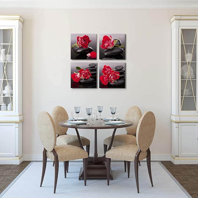 Yxbhhym-Black Red Canvas Wall Art Bedroom Stones Zen Wall Decor Rose Pictures Floral Poster print Spa Bathroom Wall Art for Living Room Decoration Kitchen Accessories Room Decor Framed Artwork