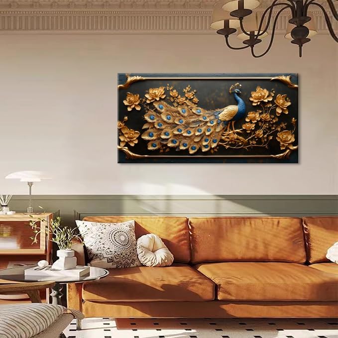 ZESTRILIA Pretty Peacock Wall Art for Living Room Office Gold Country Rustic Retro Asian Canvas Painting Prints Golden Vintage Elegant Peackock Artwork Dining Bedroom Decor Large (46x23 Inches)