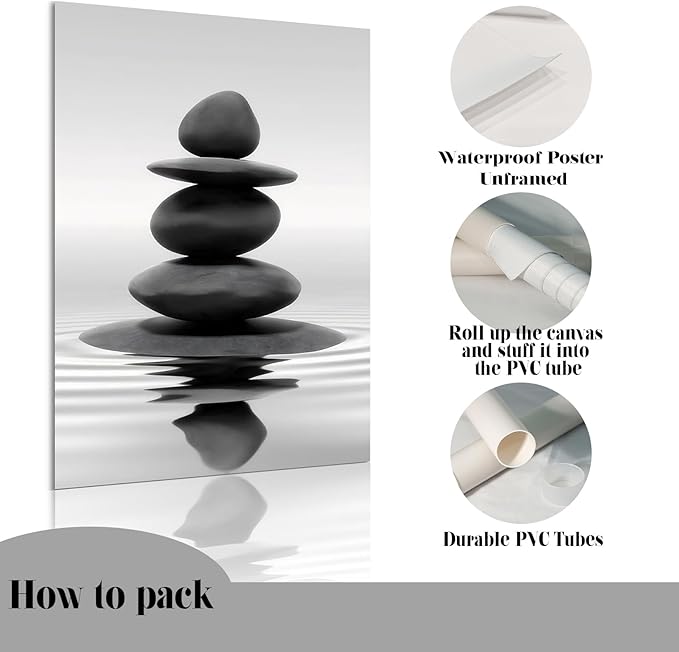 DCMVJHZV Black and White Bathroom Unframed Poster Zen Bathroom Wall Decor Stones in the Water Wall Art Yoga Meditation Picture Print Spa Room Bedroom Living Room Painting(12"x16")