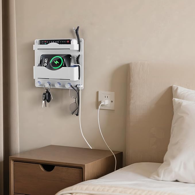 JUMEIHUI Bedside Wall Shelf with Glasses Hooks ，Adhesive Bedside Organizer Wall Mount for Dorm and Room Accessories Phone，Remote，Earphone， Kindle (White)