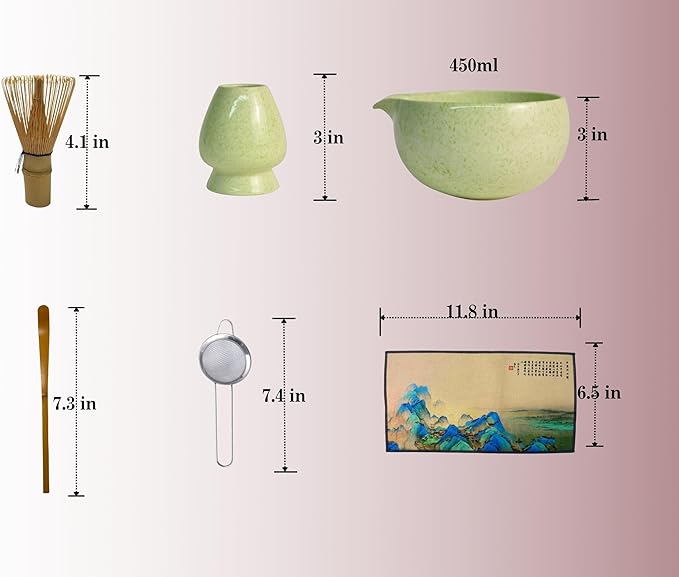 Matcha Set, Ceramic Matcha Kit Set with Matcha Bowl, Matcha Whisk Chasen and Whisk Holder, Sifter, Bamboo Scoop, Scoop Rest and Tea Towel-7 Pcs Matcha Kit for Matcha Lovers, Green