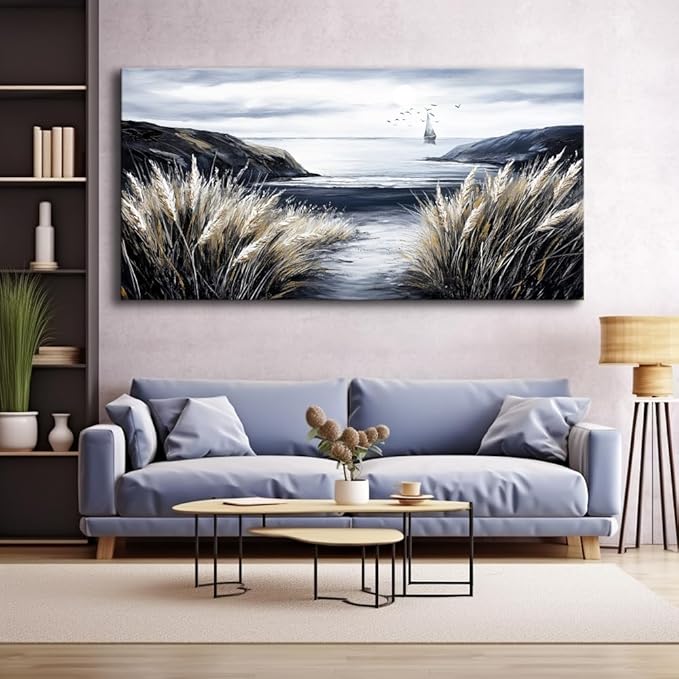 ZESTRILIA Country Beach Coastal Sailboat Wall Art for Living Room Office Black and White Rustic Canvas Painting Prints Vintage Nautical Artwork Dining Bedroom Decor Extra Large (58x28 Inches)