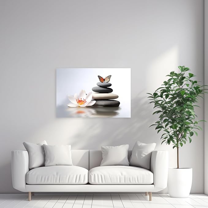 ARTZGX Zen Canvas Wall Art Spa Pictures Wall Decor Flower Zen Stones Butterfly Painting Print for Bathroom Yoga Decor Frame(Zen Flower - A 16.00" x 24.00")