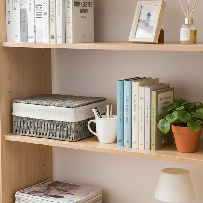 3PCS Wicker Basket with Lid Paper Rope Storage Baskets for Shelf Baskets Storage Bins with Lid and Removable Liner Makeup Bathroom Closet Drawer Desk Organizer Shelf Baskets (Grey)